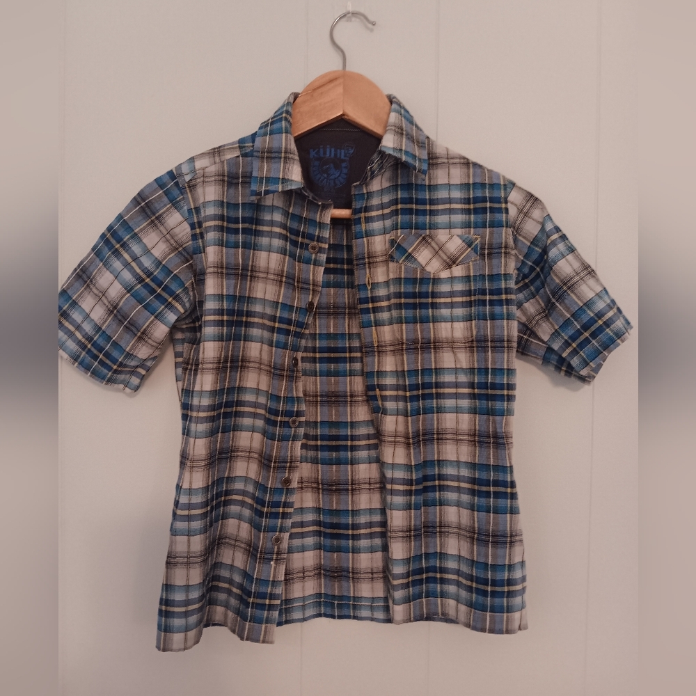 Kuhl boys 7/8 cotton blend blue plaid button up tee